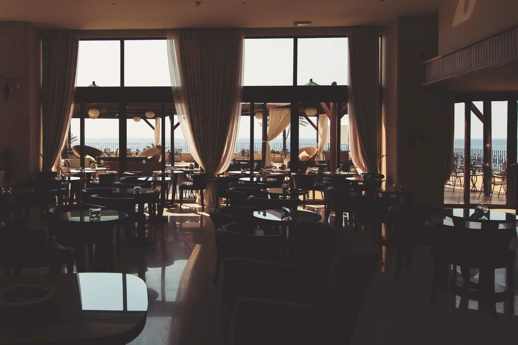 A dining room at dusk